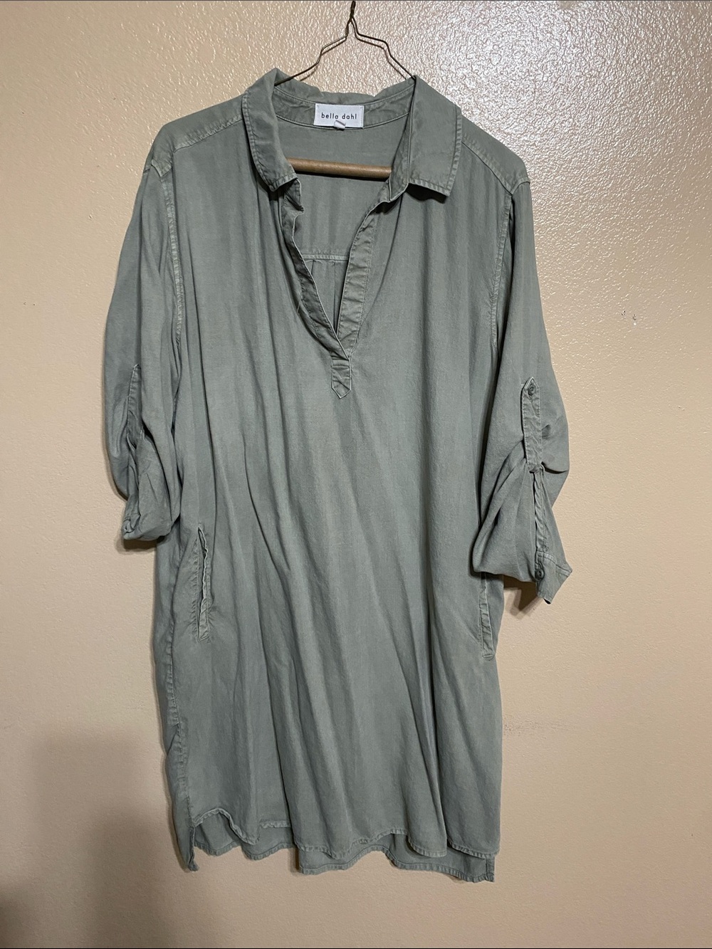 Bella Dahl Sage Green Casual Button-Down Dress, fits right above knee